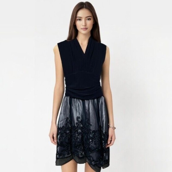 SLNY Navy Blue Fit and Flare Cocktail Dress Stretch Top Tulle Lace Skirt Size 4 - Picture 1 of 16